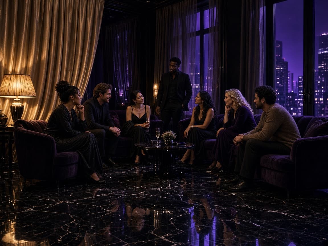 A private salon at night, people gathered in a circle