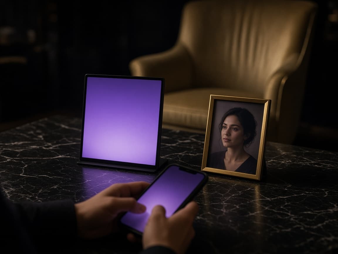 An empty chair, a framed portrait, and a violet screen someone is talking to