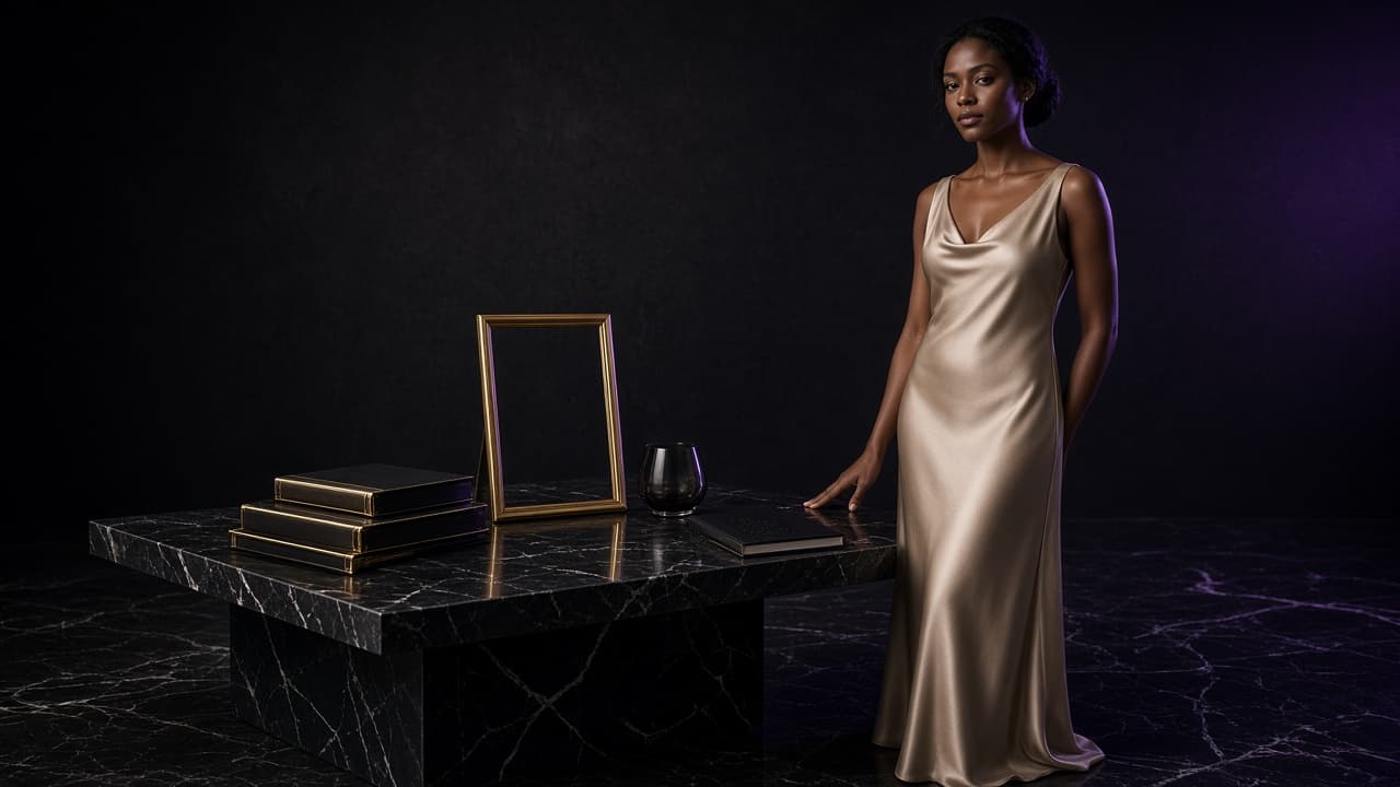A creator beside a marble table holding folios, an empty gold frame, and a notebook
