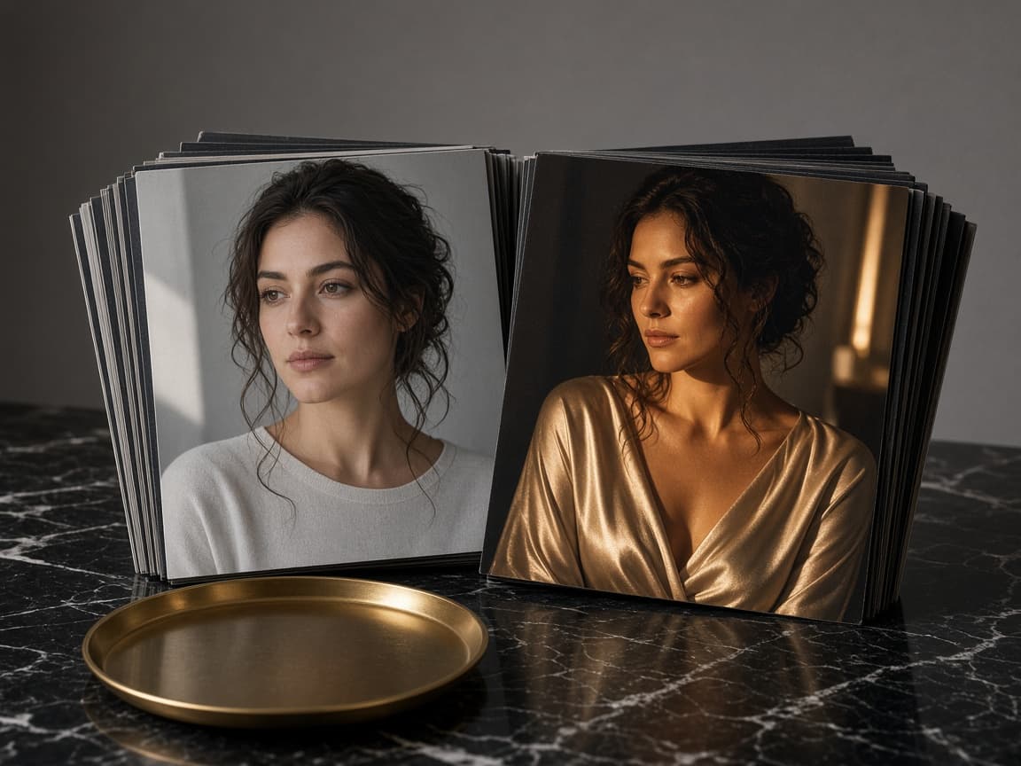 A fanned pack of cards, a plain portrait beside the same woman in gold silk